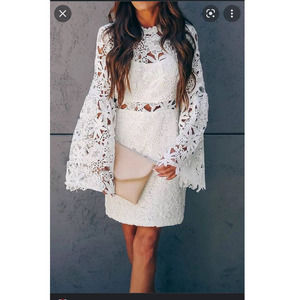 New Endless Rose White Cut‎ Out Lace Mini Body Con Long Sleeve Dress XS